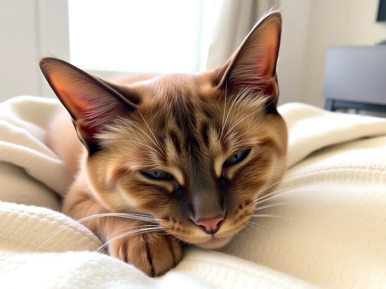 abyssinian cat resting comfortably on soft blanket indoors