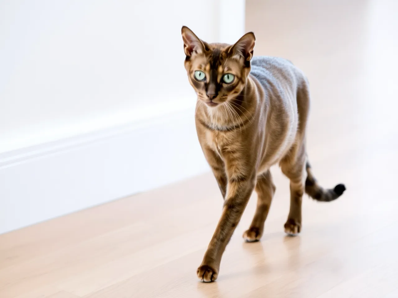 abyssinian cat walking gracefully across wooden floor indoors