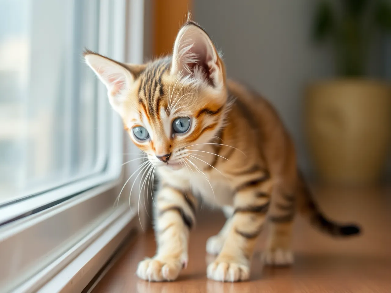 abyssinian kitten with large ears looking curious indoors