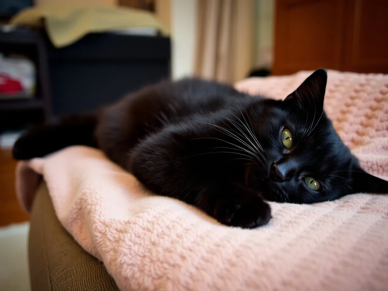 black cat lying on soft blanket cozy indoor scene