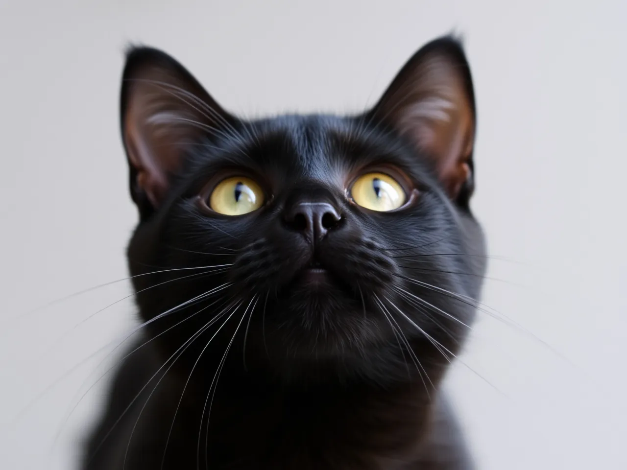 black cat looking up with bright eyes and sleek fur