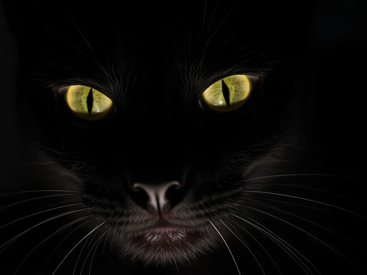 black cat close up portrait with glowing eyes in low light