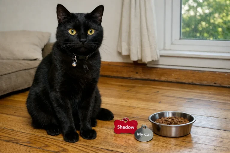 Black cat sitting beside name tags