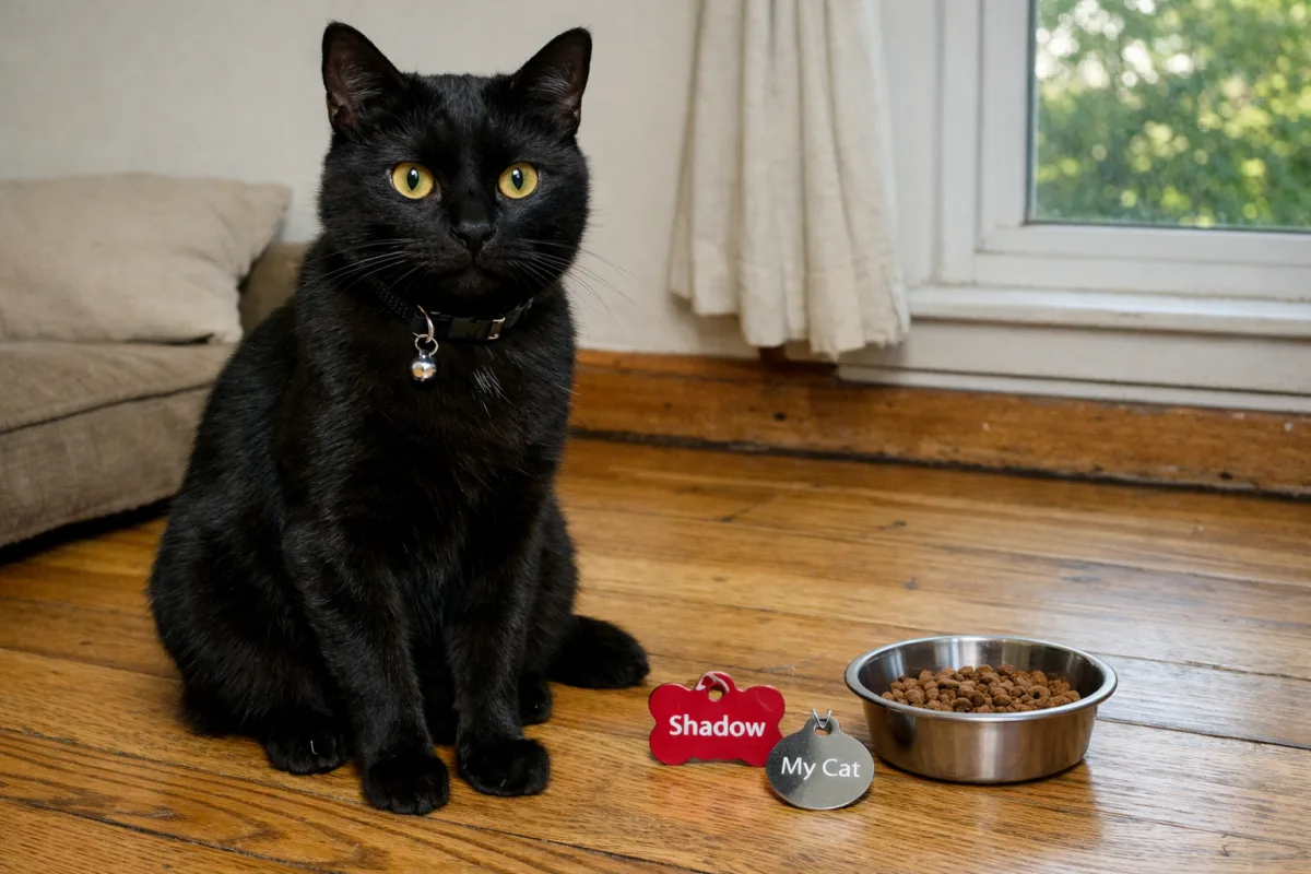 Black cat sitting beside name tags