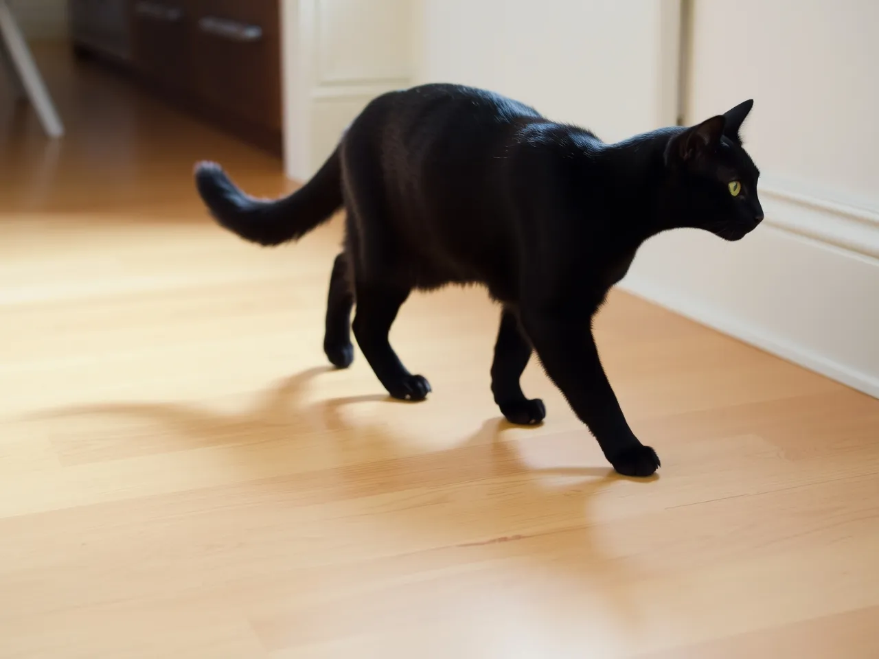 black cat walking gracefully on wooden floor indoors