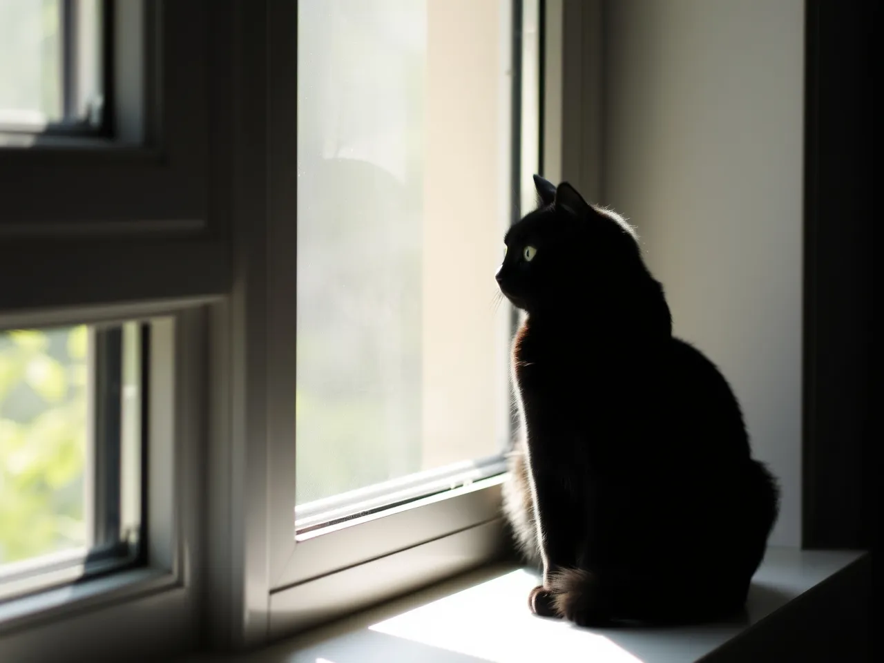 black cat sitting near window with soft natural light silhouette
