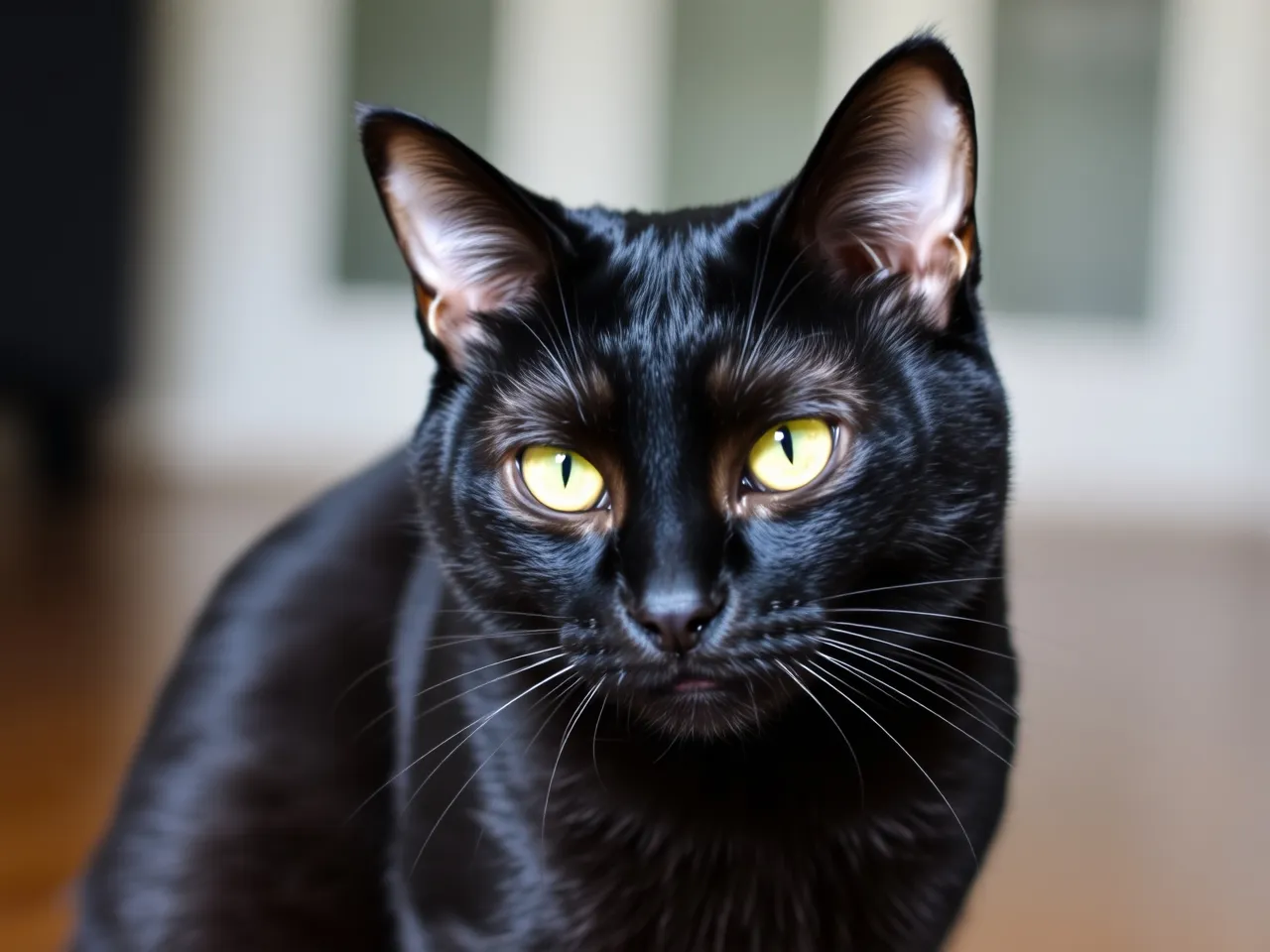 black cat sitting with shiny fur and yellow eyes indoors