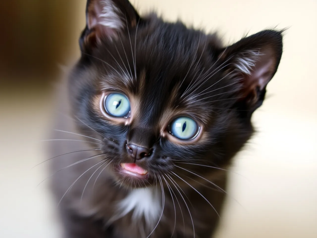 black kitten with green eyes looking at camera curious expression
