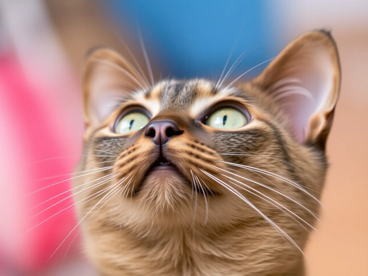 brown cat looking up with curious expression and bright eyes