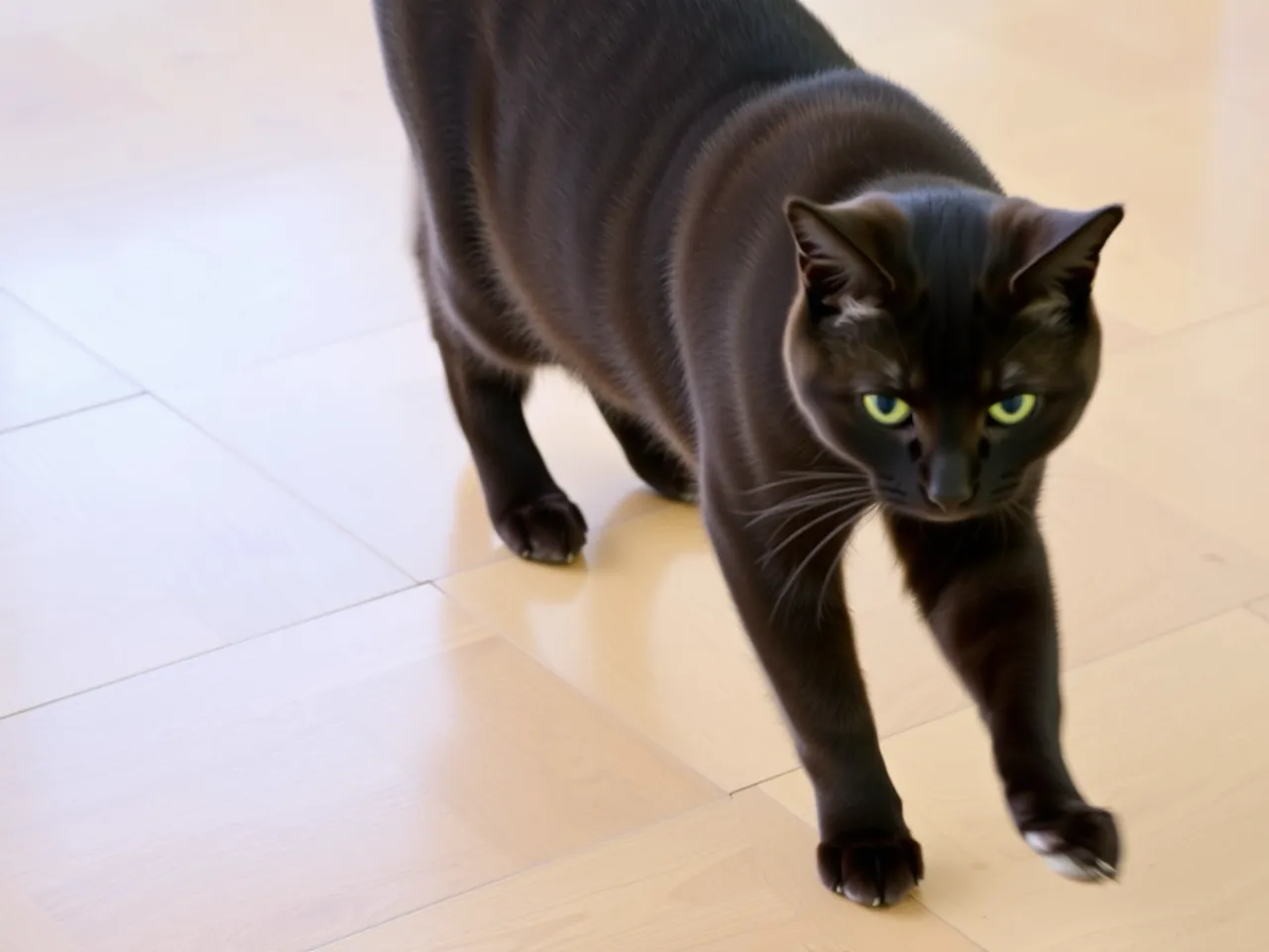 brown cat walking gracefully on wooden floor indoors
