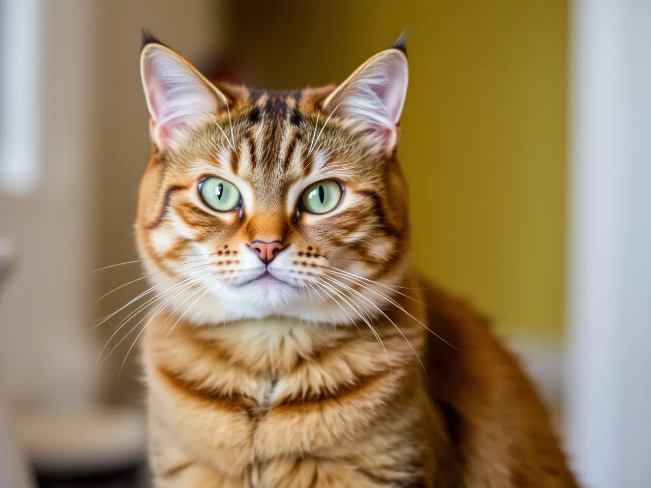 brown cat with warm fur sitting indoors calm expression