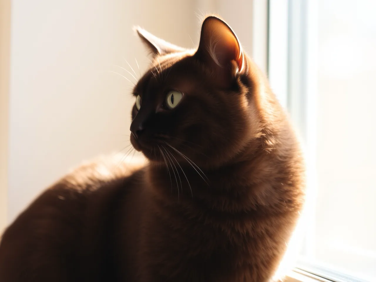 brown cat sitting near window in soft natural sunlight