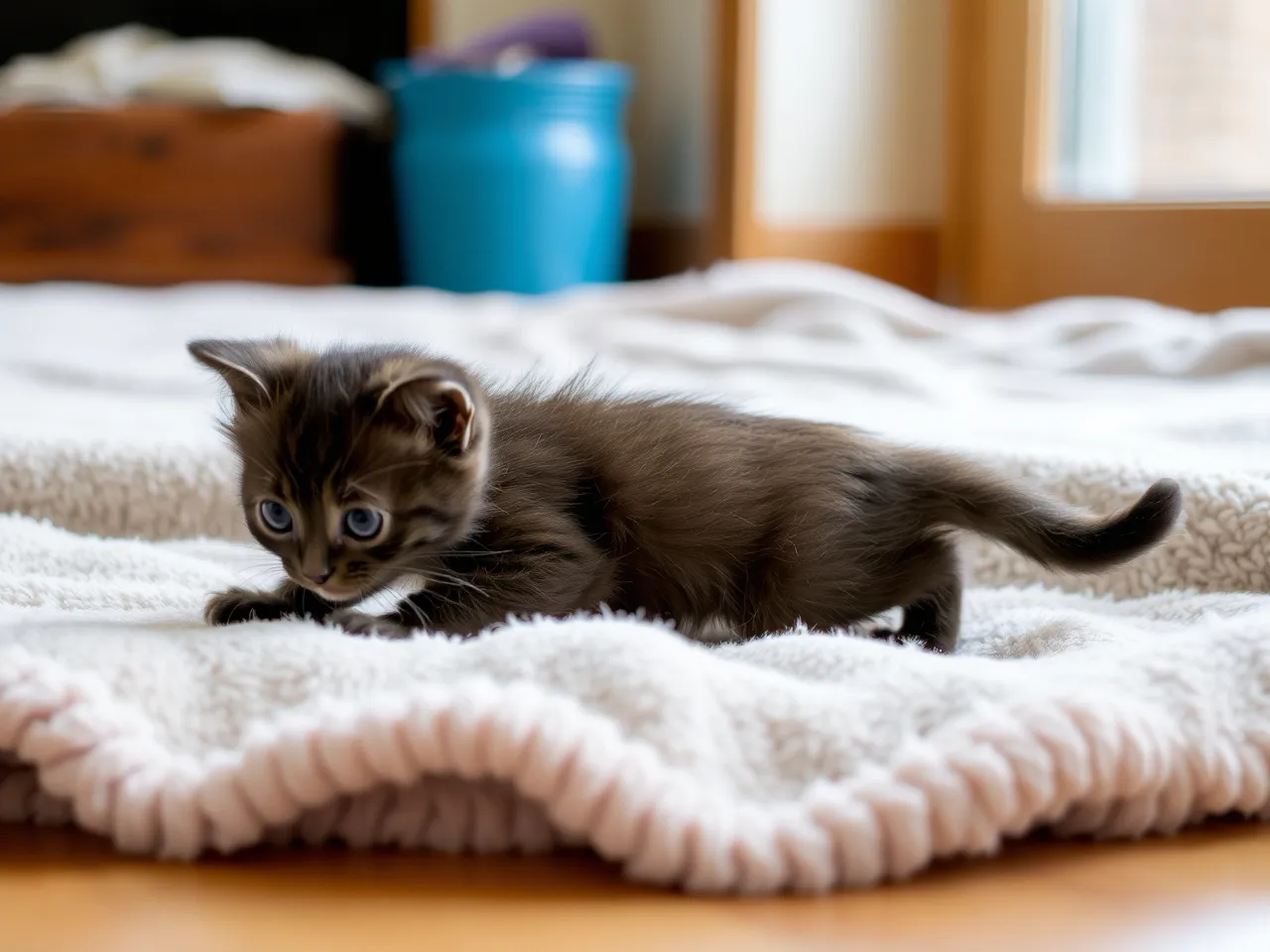 brown kitten playing on soft blanket indoors cozy scene