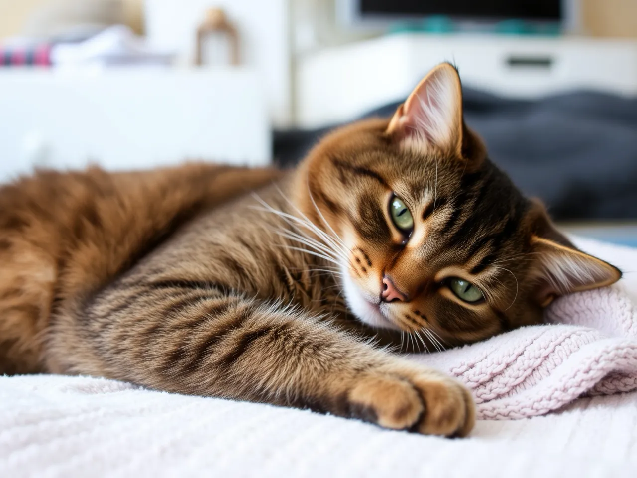 brown tabby cat lying on soft blanket indoors relaxed pose