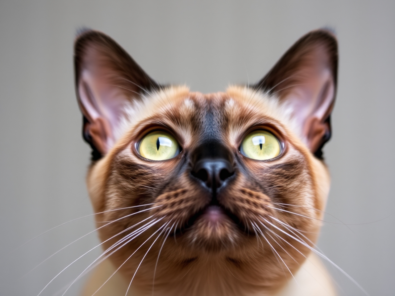 burmese cat looking up with curious expression bright eyes