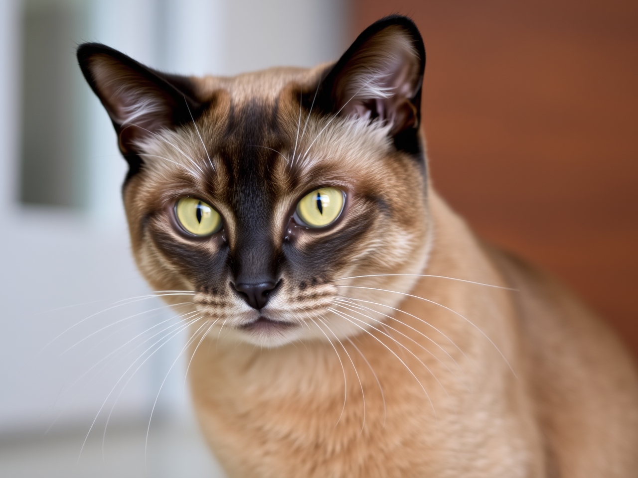 burmese cat with golden eyes sitting indoors elegant pose