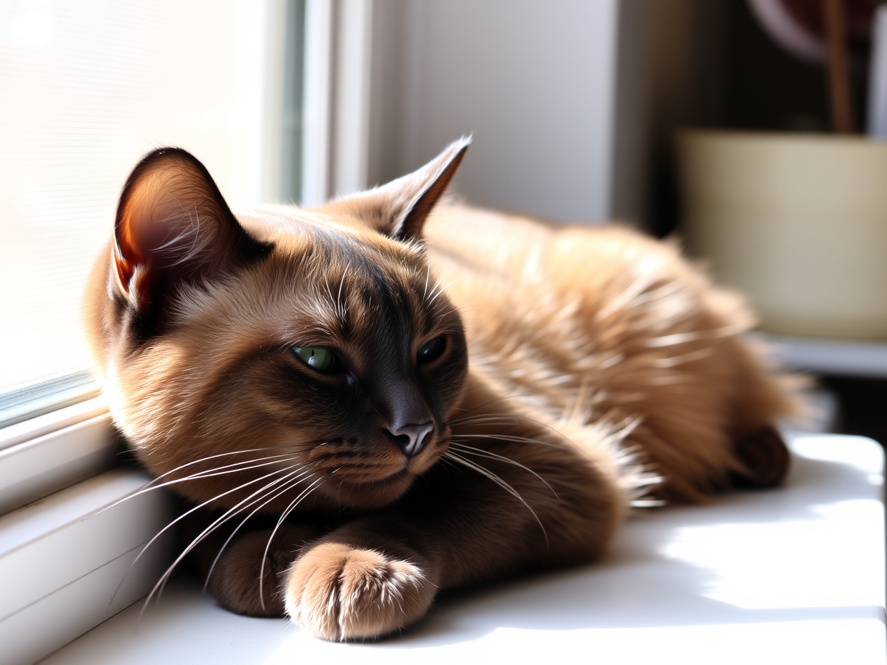 burmese cat resting near window in natural daylight