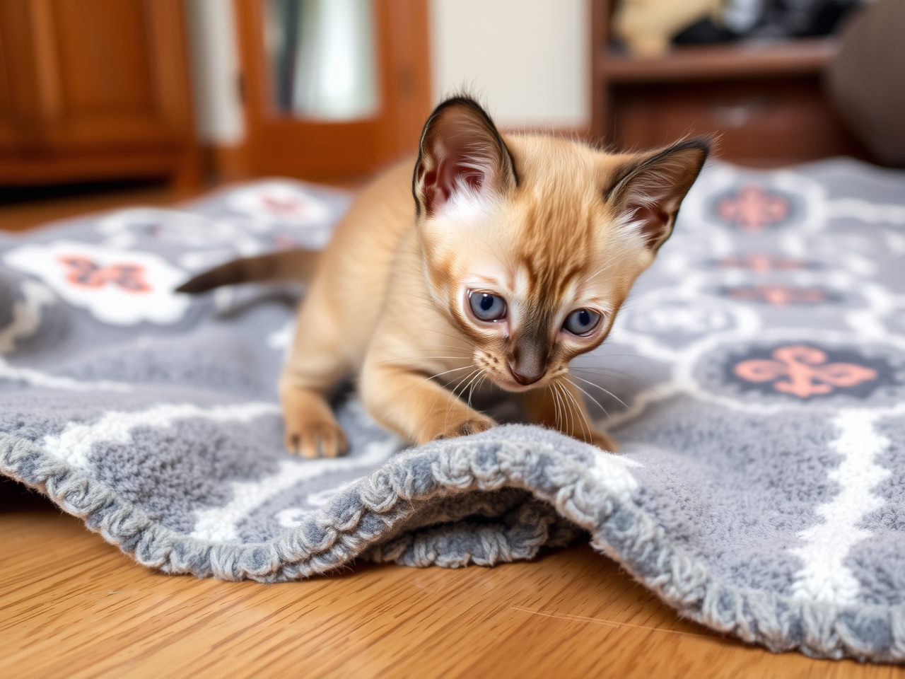 burmese kitten playing on a cozy blanket indoors