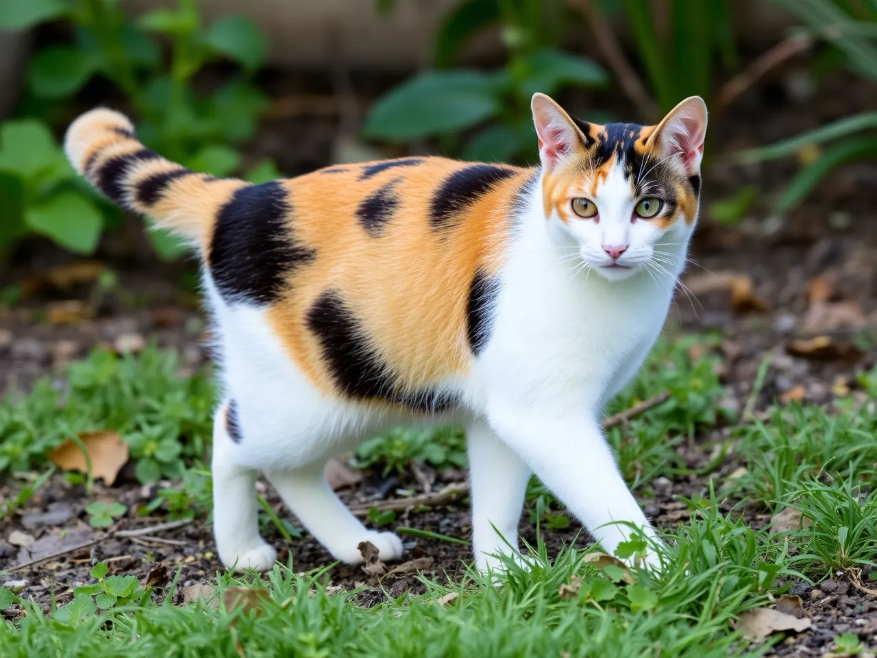 calico cat walking in natural outdoor garden setting