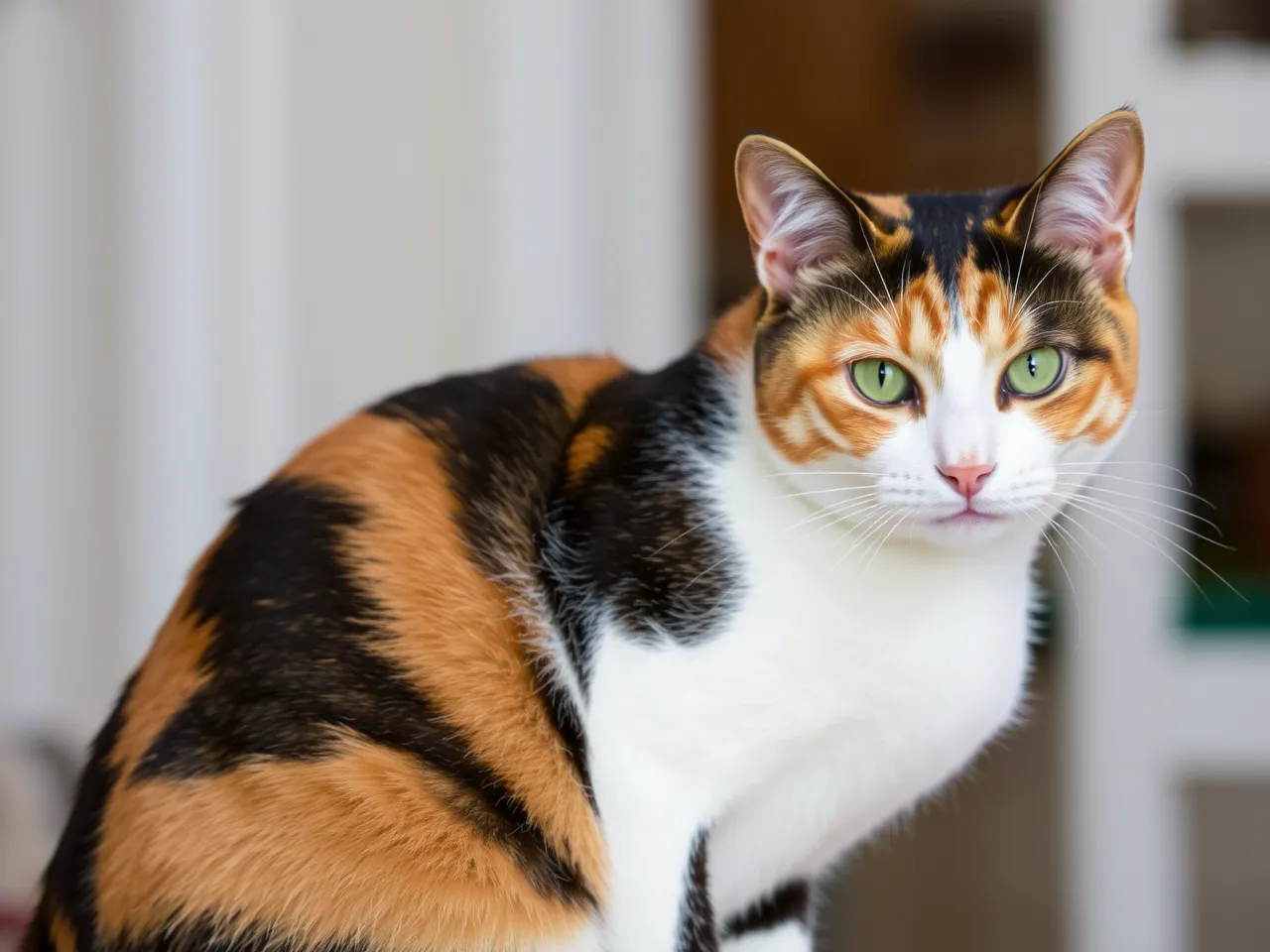 calico cat with orange black and white fur sitting indoors