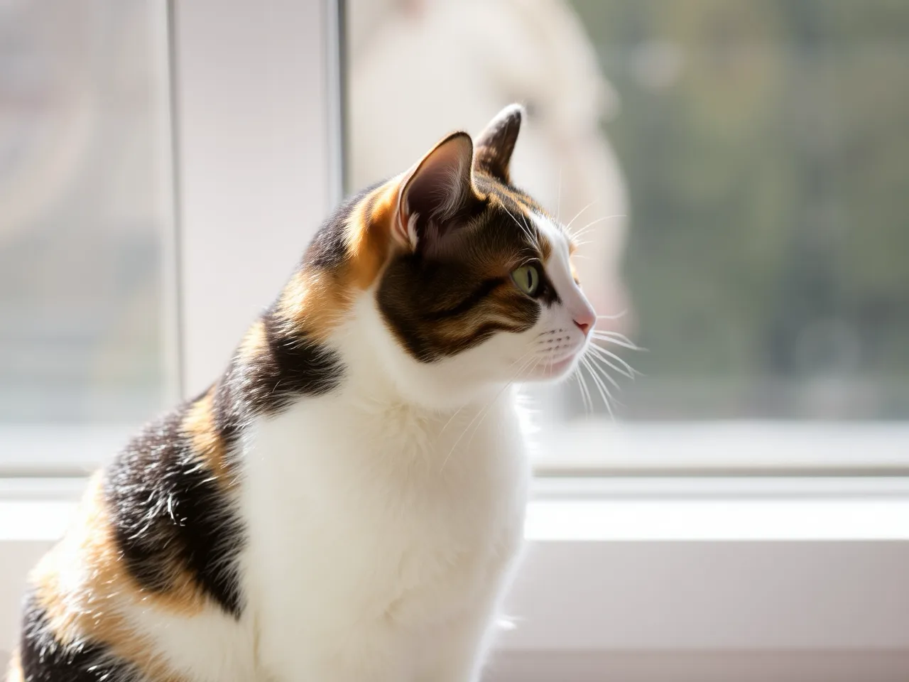 calico cat sitting by window with soft sunlight
