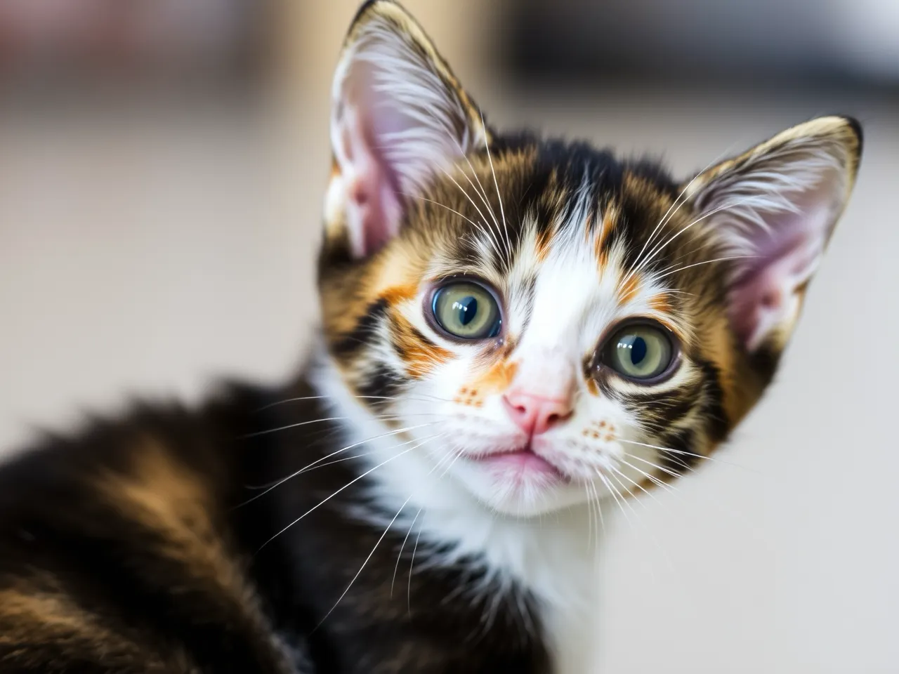 cute calico kitten looking at camera with curious expression