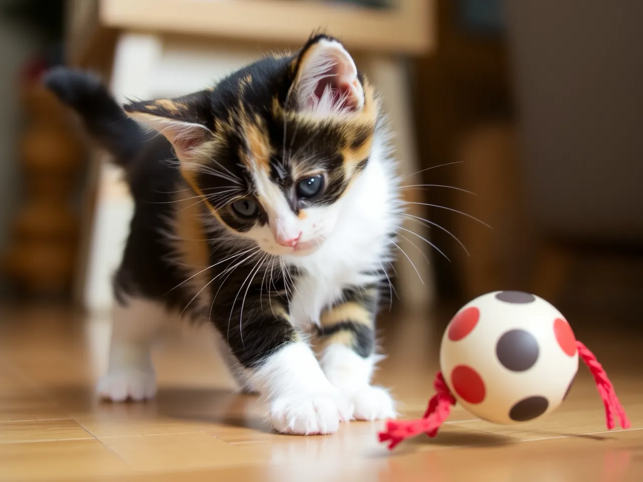 small calico kitten playing with toy indoors