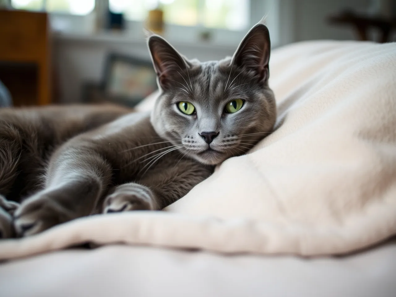 chartreux cat lying on soft blanket indoors relaxed posture