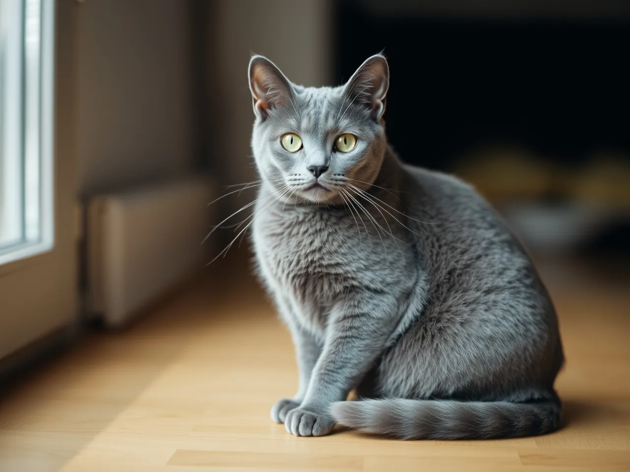 chartreux cat with blue gray fur sitting calmly indoors