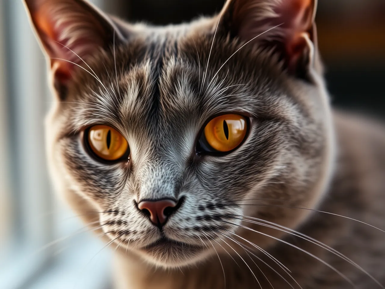 chartreux cat close up portrait with copper eyes and soft coat