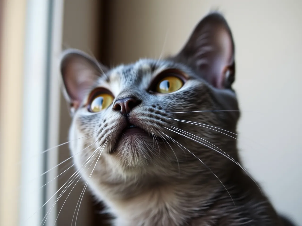 chartreux cat looking up with curious expression and bright eyes
