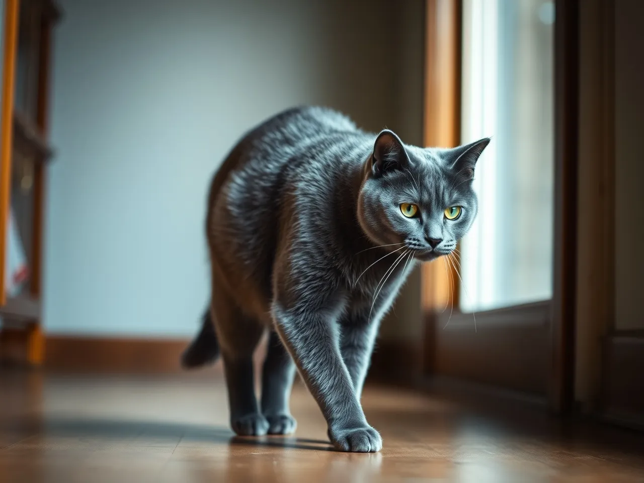 chartreux cat walking gracefully indoors with thick blue coat