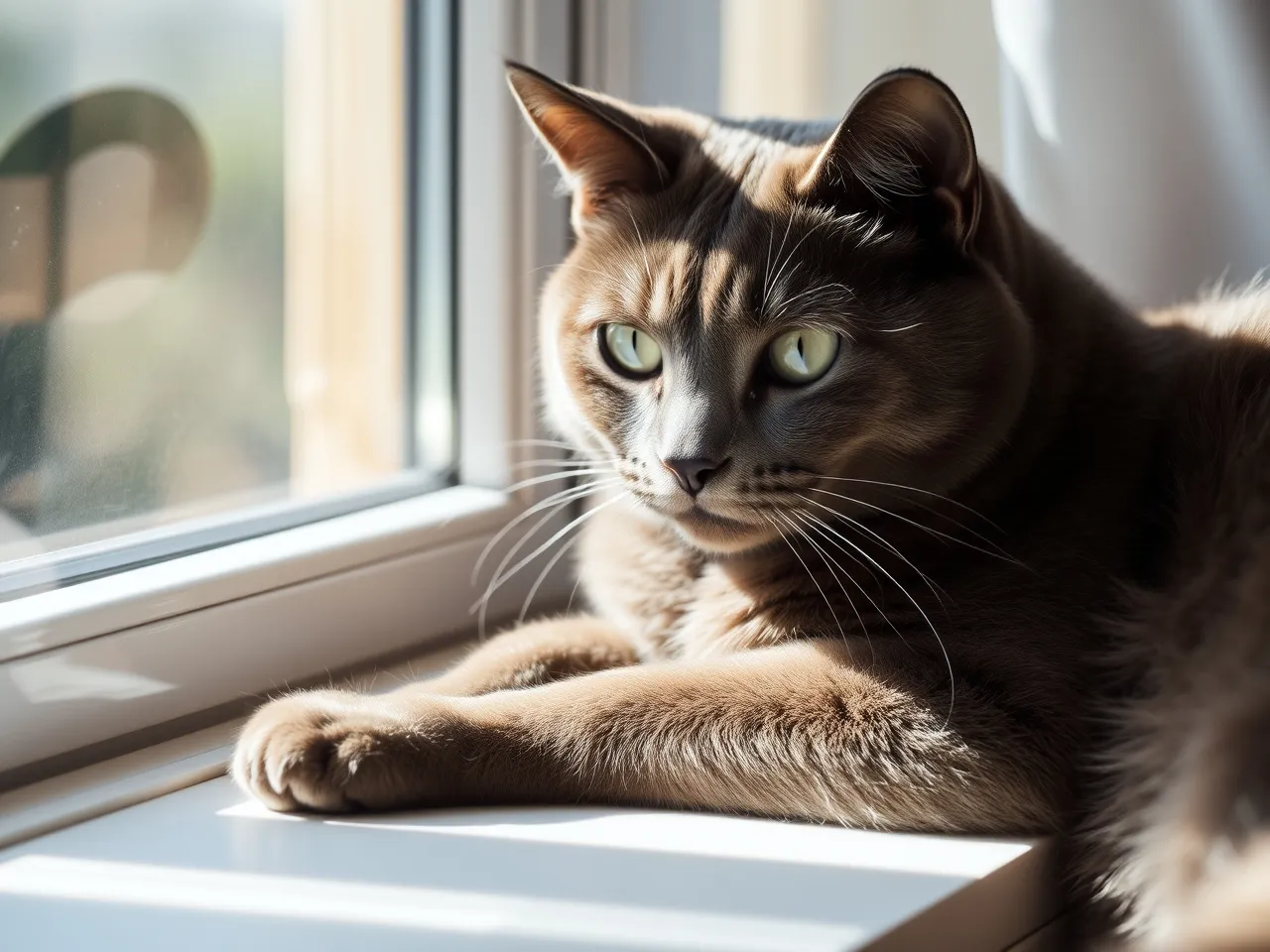 chartreux cat resting near window with natural daylight calm mood
