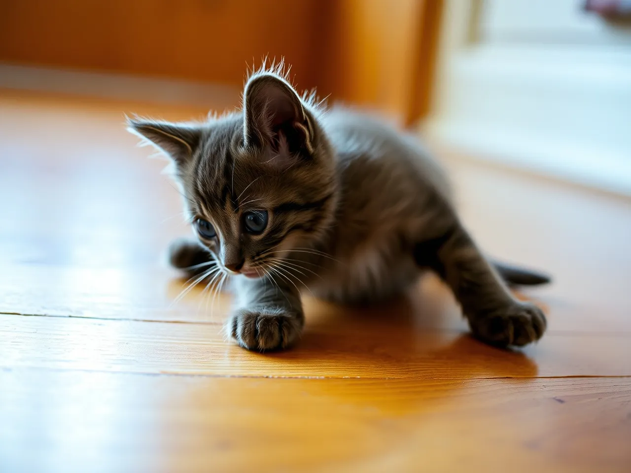 chartreux kitten playing on wooden floor indoors fluffy fur