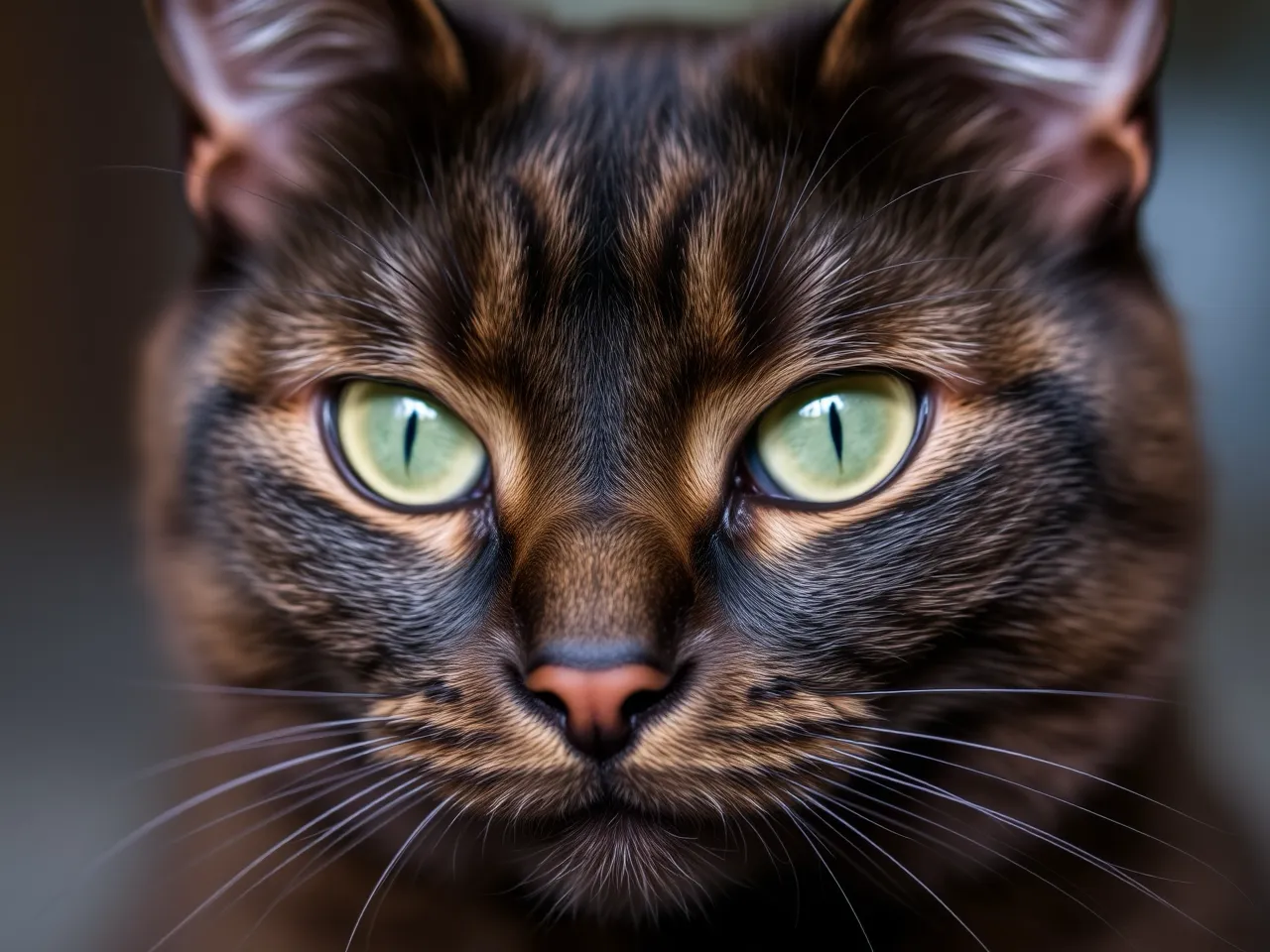 chocolate brown cat close up portrait with green eyes