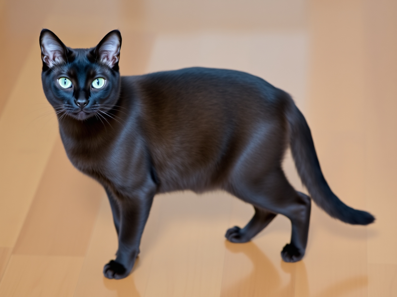 chocolate burmese cat standing on wooden floor indoors