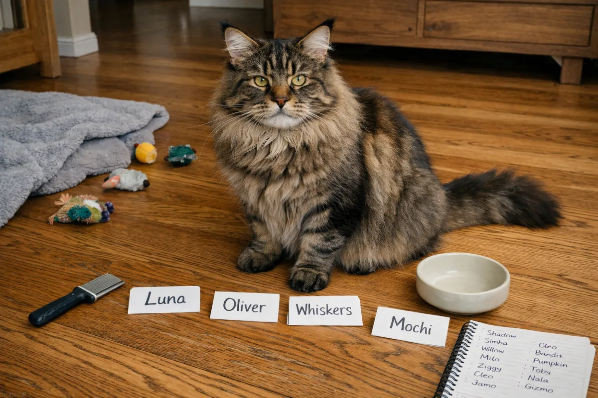 Maine Coon cat beside name cards