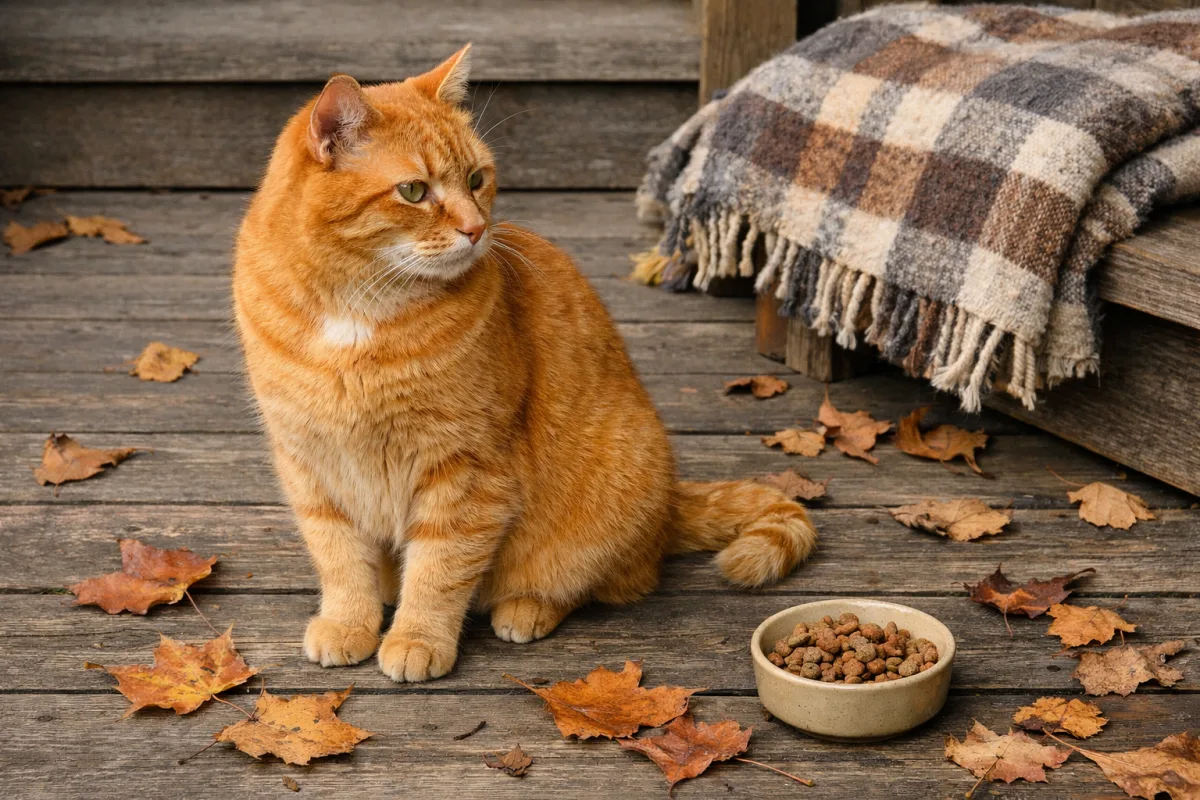 Orange cat beside autumn leaves