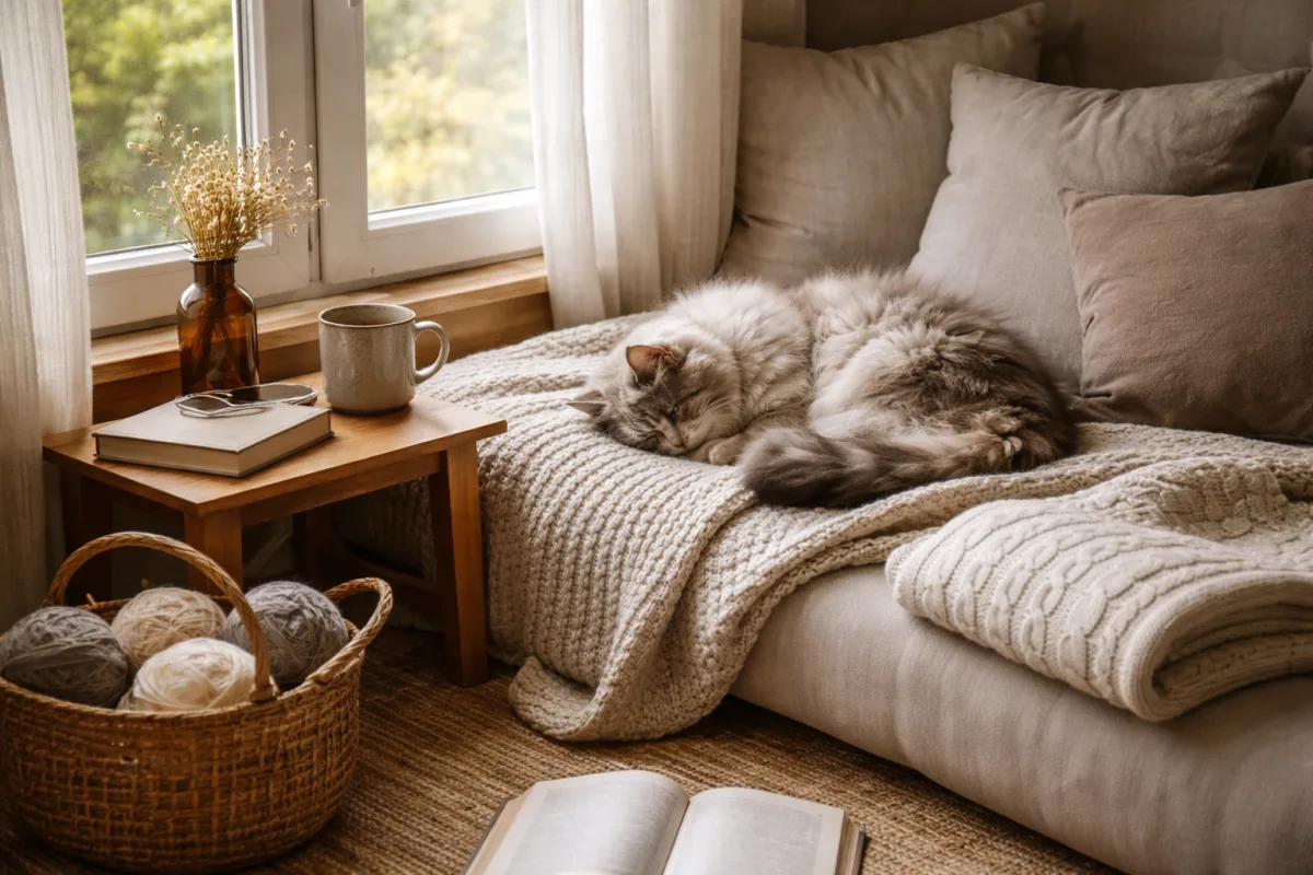 Cozy cat resting on a blanket by a window