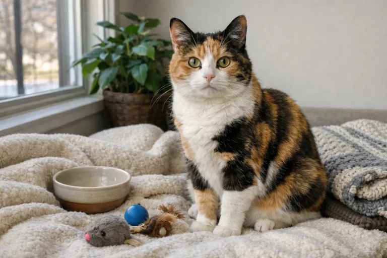 Calico cat with cozy patchwork coat