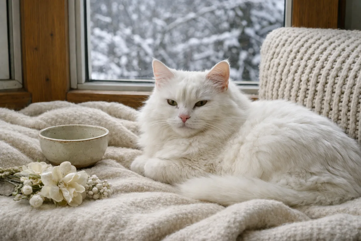 Cute white cat with fluffy coat