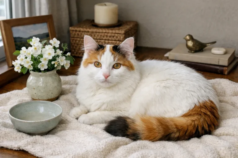 Elegant Turkish Van cat resting near white flowers