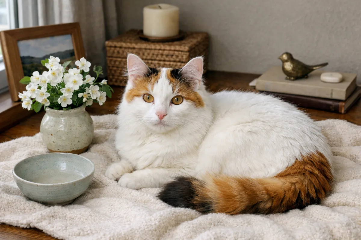 Elegant Turkish Van cat resting near white flowers