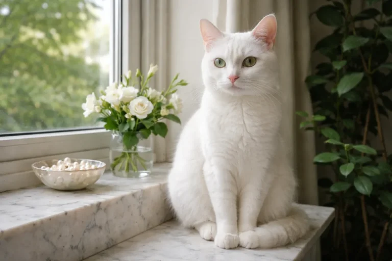 Elegant white cat with pearl collar