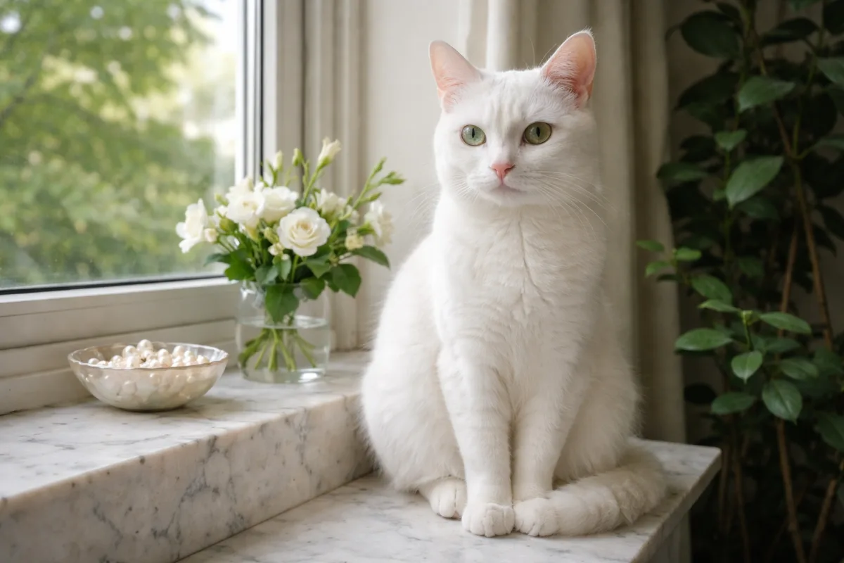 Elegant white cat with pearl collar
