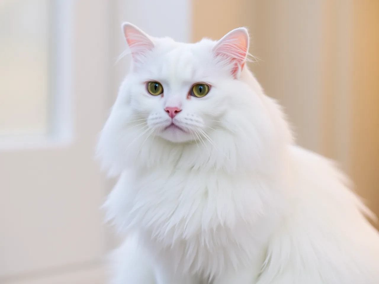 elegant white cat with long fur sitting gracefully indoors