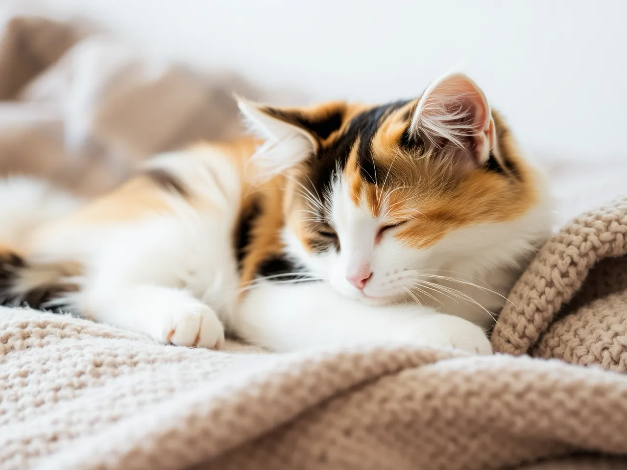 fluffy calico cat lying on soft blanket at home