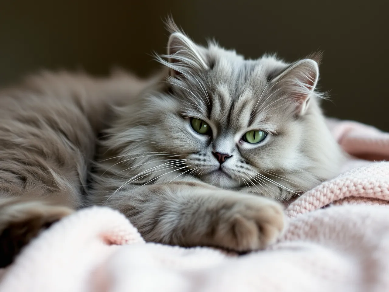 fluffy gray cat lying on soft blanket indoors cozy scene