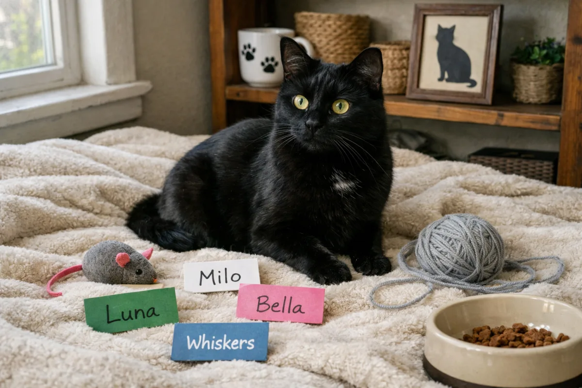 Black cat beside a cluster of playful name cards
