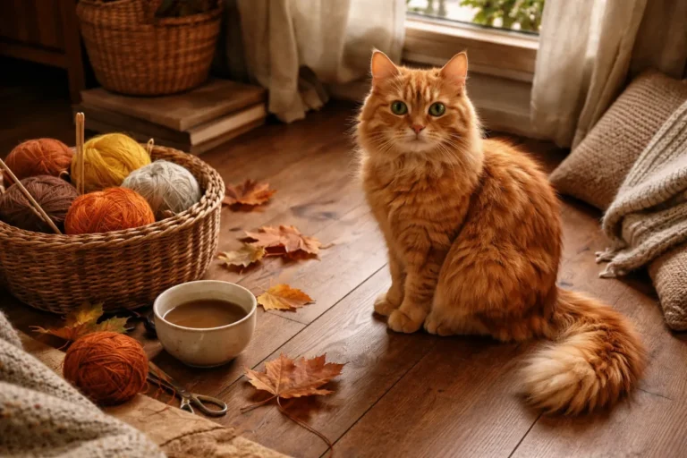 Orange cat beside autumn leaves and cozy objects